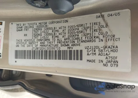 2005 Lexus Gx 470 from USA, damaged, VIN JTJBT20X150086710